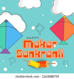 Illustration Of Indian Festival Happy Makar Sankranti Background With Colorful Kites.