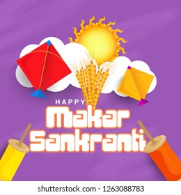 Illustration Of Indian Festival Happy Makar Sankranti Background With Colorful Kites.