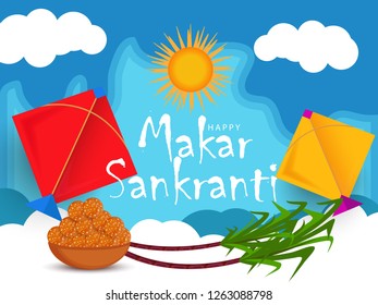 Illustration Of Indian Festival Happy Makar Sankranti Background With Colorful Kites.