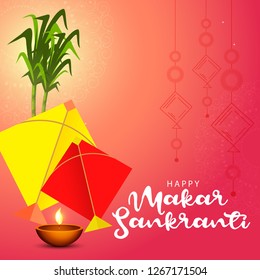 Illustration Of Indian Festival Happy Makar Sankranti Background With Colorful Kites.