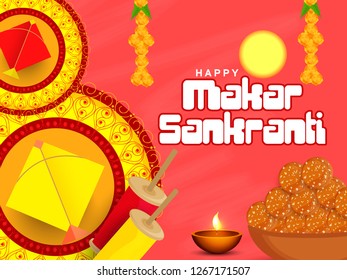 Illustration Of Indian Festival Happy Makar Sankranti Background With Colorful Kites.