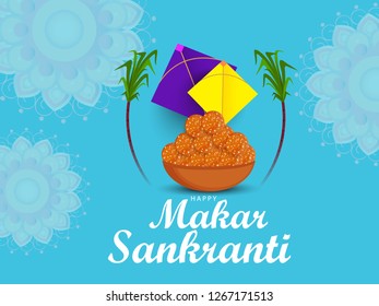 Illustration Of Indian Festival Happy Makar Sankranti Background With Colorful Kites.