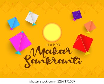 Illustration Of Indian Festival Happy Makar Sankranti Background With Colorful Kites.
