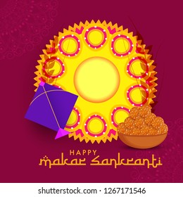 Illustration Of Indian Festival Happy Makar Sankranti Background With Colorful Kites.