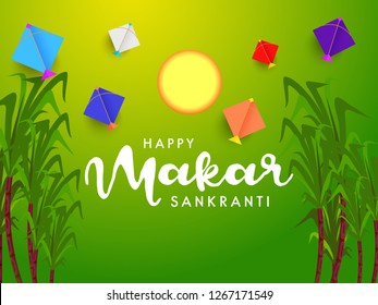 Illustration Of Indian Festival Happy Makar Sankranti Background With Colorful Kites.