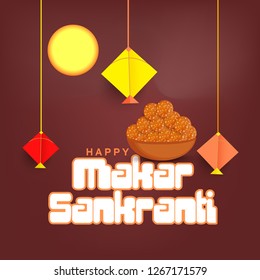 Illustration Of Indian Festival Happy Makar Sankranti Background With Colorful Kites.
