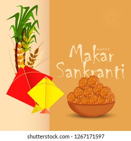 Illustration Of Indian Festival Happy Makar Sankranti Background With Colorful Kites.