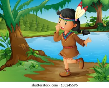 Illustration of an Indian girl in the forest