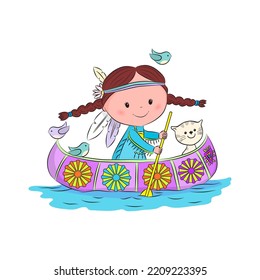 Illustration of Indian girl sailing in a boat and rowing with an oar. Print for kids clothes.