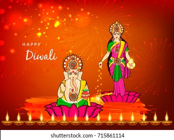 Illustration of Indian Goddess Lakshmi and Lord Ganesha on holy lotus, Giving blessing on Illuminated Oil Lit Lamps decorated elegant background for Festivals of Lights with  text Happy DIwali