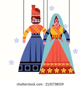 Illustration of Indian hanging puppets King and Queen