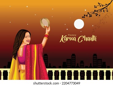 illustration of Indian Hindu Festival happy Karva Chauth background with couple doing Karwa Chauth.	