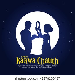 illustration of Indian Hindu Festival happy Karva Chauth background with couple doing Karwa Chauth inside moon. 