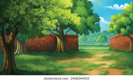 Illustration of indian house garden vector village background for 2d cartoon