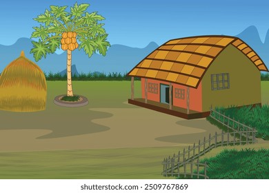 Illustration of Indian house vector art. Charming village house design with rural village background perfect for cartoon scenes and traditional settings