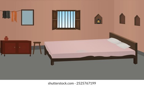 Ilustração da arte vetorial da Casa Indiana . Fundo do quarto da aldeia para desenhos animados