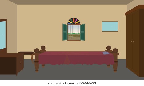 Illustration of Indian House vector art . Village bedroom background for cartoon