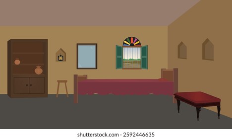 Illustration of Indian House vector art . Village bedroom background for cartoon