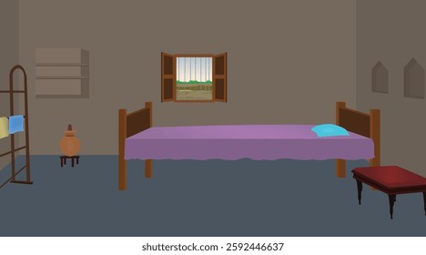 Illustration of Indian House vector art . Village bedroom background for cartoon