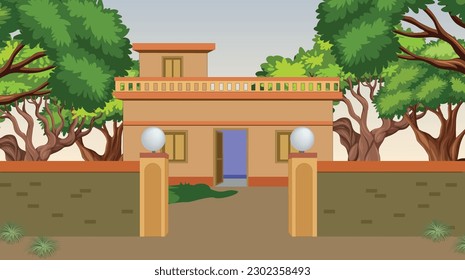 Ilustración de arte vectorial de la Casa India, casa de pueblo, fondo de la aldea india para caricatura