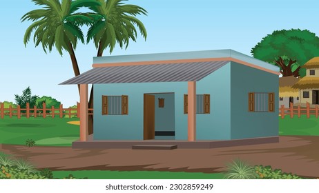 Ilustración de arte vectorial de la Casa India, casa de pueblo, fondo de la aldea india para caricatura
