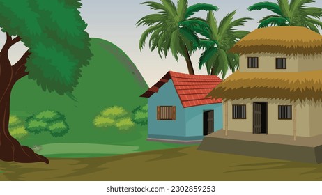 Illustration of Indian House vector art,village house,Indian Village background for cartoon
