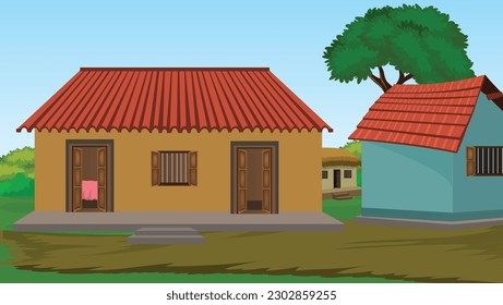 Ilustración de arte vectorial de la Casa India, casa de pueblo, fondo de la aldea india para caricatura
