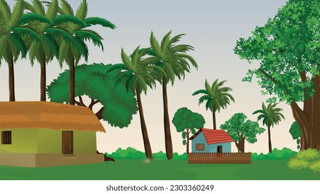 Illustration of Indian House vector art,village house,Indian Village background for cartoon