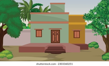 Ilustración de arte vectorial de la Casa India, casa de pueblo, fondo de la aldea india para caricatura