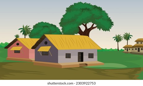 Ilustración de arte vectorial de la Casa India, casa de pueblo, fondo de la aldea india para caricatura
