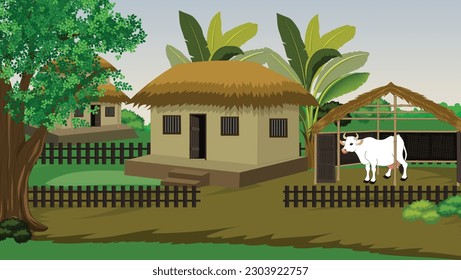 Illustration of Indian House vector art,village house,Indian Village background for cartoon
