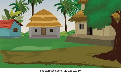 Illustration of Indian House vector art,village house,Indian Village background for cartoon
