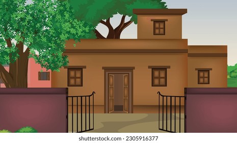 Ilustración de arte vectorial de la Casa India, casa de pueblo, fondo de la aldea india para caricatura