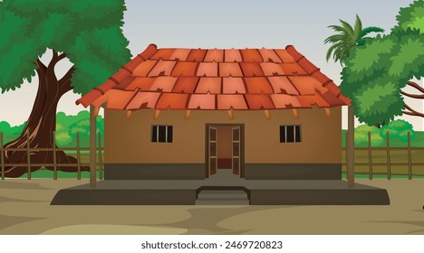 Illustration of Indian House vector art,village house,Indian Village background for cartoon
