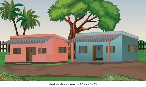 Illustration of Indian House vector art,village house,Indian Village background for cartoon
