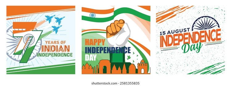 Illustration of Indian Independence Day celebration. Featuring tricolors, symbols of progress, and patriotic themes reflecting national pride and cultural heritage. Independence Day India concept.