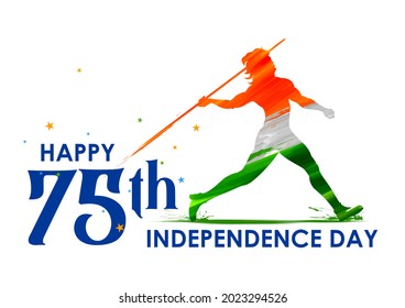 illustration of Indian Javelin Thrower on tricolor banner with Indian flag for 75th Independence Day of India on 15th August