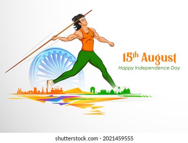 illustration of Indian Javelin Thrower sportsperson victory in championship on tricolor India background - Shutterstock ID 2021459555