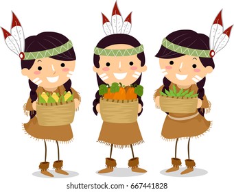 Illustration Of Indian Kids Holding Three Sister Crops Of Corn, Squash And Beans