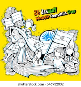 illustration of Indian kids waving tricolor flag celebrating Republic Day of India