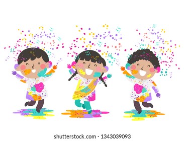 Illustration of Indian Kids Wearing White and Playing with Holi Powder