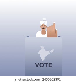 Illustration of an Indian man showing his hand with electoral stain after casting vote.Concept of election in India