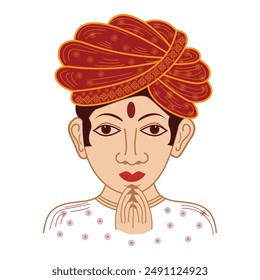 Illustration of indian man wearing Rajasthani turban in welcome pose-Namaste pose