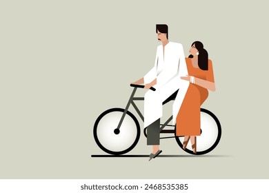 Illustration of an Indian married couple travelling on a bicycle