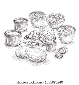 Illustration Indian meal (Thali) consisting of different curries, fried flat bread-poori, jeera rice, sweet like gulab jamun, mithai, kadhi, matar paneer curry.Sketch.