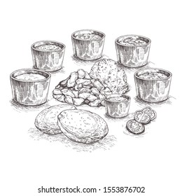 Illustration Indian meal (Thali) consisting of different curries, fried flat bread-poori, jeera rice, sweet like gulab jamun, mithai, kadhi, matar paneer curry.Sketch.