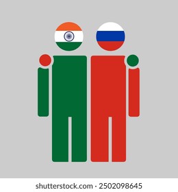 Illustration of Indian national flag and Russia national flag with embracing body. Isolated vector, gray background.