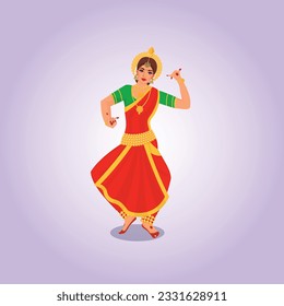 illustration of Indian odissi dance form, performing Odissi classical dance of Odisha, India, young odissi dancer striking pose in front of a temple with sculptures in bhubaneswar, odisha,Indian.