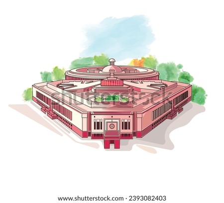 illustration of Indian Parliament and Sansad Bhavan building in Central Vista.