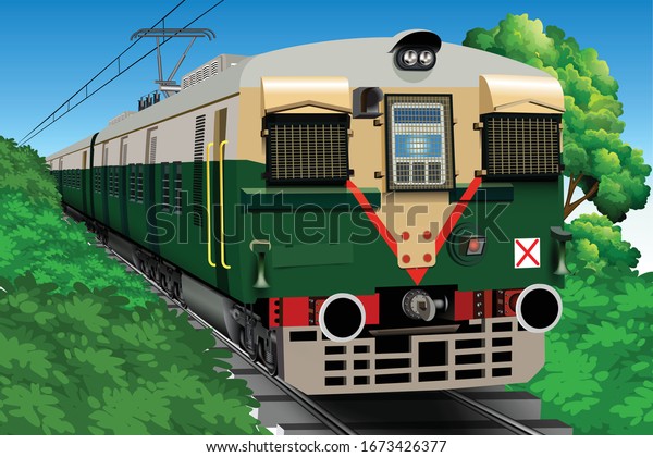 Ilustracion De Un Tren Local De Pasajeros Indio Que Pasa Por La Via Ferrea